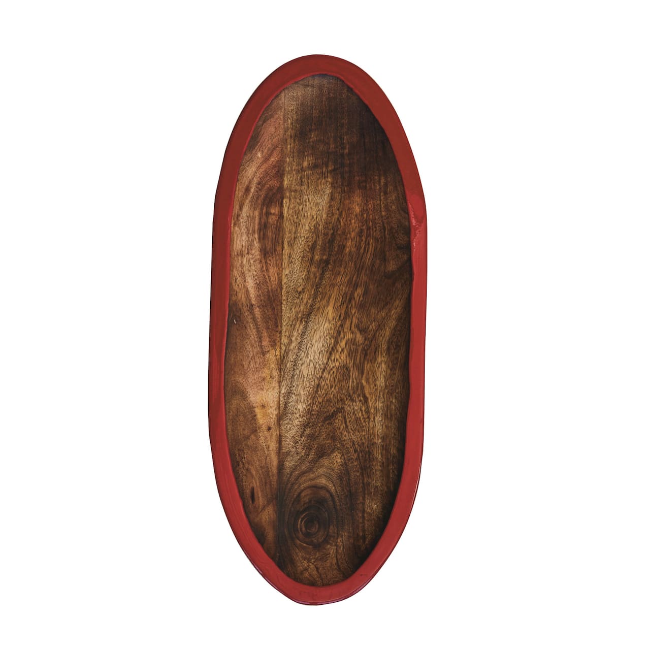 Hello Honey® 19.75" Hand-Carved Mango Wood Oval Tray with Red Enameled Edge